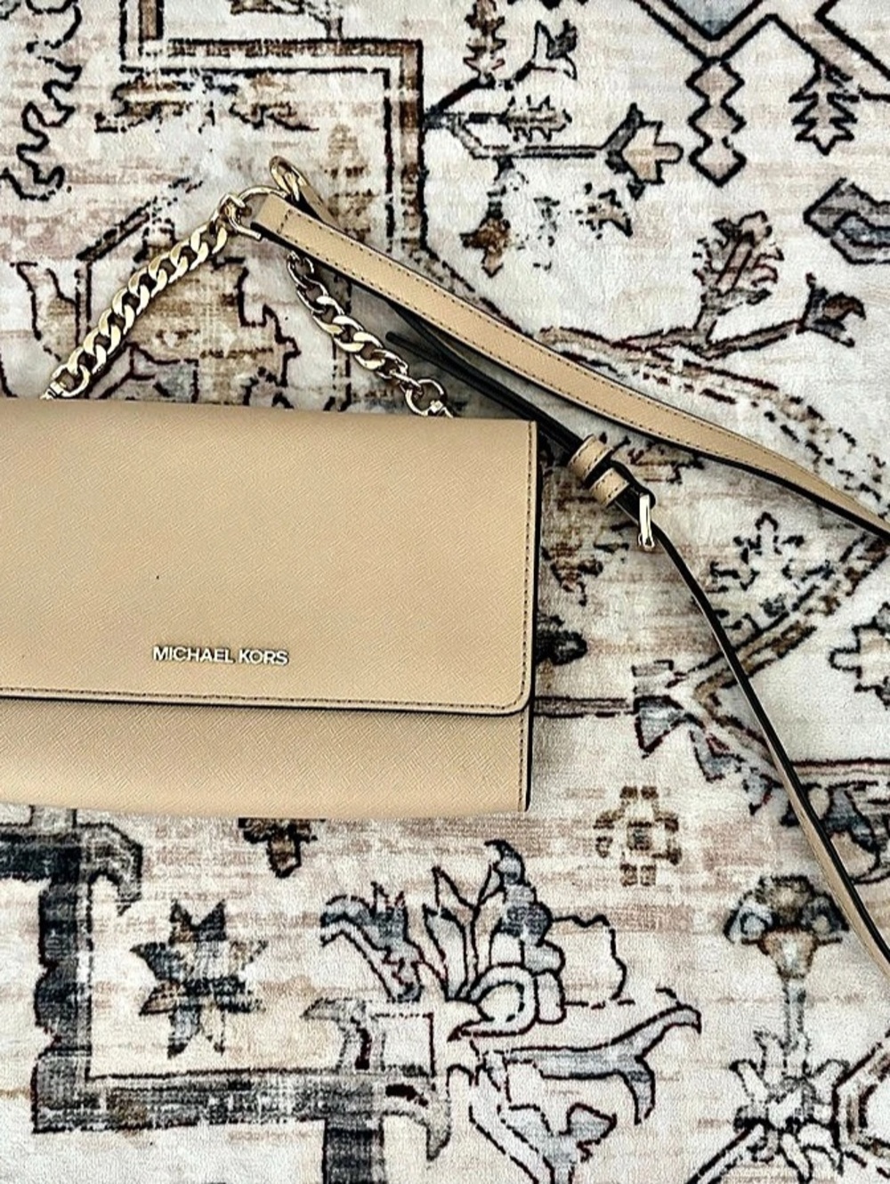 Michael Kors Jet Set Saffiano Leather Flap Crossbody Bag Beige